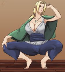 1girls alternate_version_available armpits barefoot big_breasts blonde_hair breasts brown_eyes cleavage clothed clothed_female clothes clothing crystal facial_mark feet female female_only forehead_mark fully_clothed haori huge_breasts jewelry kimono lipstick madara_artworks makeup mature mature_female mature_woman naked naruto naruto_(series) naruto_shippuden necklace pants solo solo_focus spread_legs squatting tied_hair tiptoes toes tsunade twintails