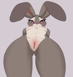 1girls 2022 anthro areola areolae arms_behind_back ass_visible_through_thighs bottom_view breasts cerf disney eyebrows eyelashes female female_only fur furry furry_female furry_only grey_body heart-shaped_pupils judy_hopps lagomorph lagomorph_humanoid looking_at_viewer looking_down looking_down_at_viewer low-angle_view naked nipples no_humans nude nude_female pink_eyes pussy rabbit small_breasts smiling smiling_at_viewer solo solo_female standing thick_thighs thighs white_body white_sclera zootopia