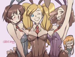 3girls 4girls ahoge alternate_costume ann_takamaki annoyed armpits arms_down arms_up atlus bangs bare_shoulders between_breasts big_breasts blonde_hair blue_eyes blue_leotard blush blushing breast_squish breasts breasts_apart breasts_to_breasts breasts_together brown_eyes brown_hair brown_leotard bunny_ears bunny_girl bunny_hair_ornament bunny_tail bunnysuit cleavage clothed clothing coat detached_collar eye_contact eyebrows_visible_through_hair fake_animal_ears fake_tail female female_focus female_only fishnet_legwear fishnet_pantyhose fishnets fluffy_hair front_view fully_clothed green_coat green_jacket hand_around_waist hand_on_hip hand_on_torso hand_on_waist hands_down hands_up haru_okumura haysey_draws highleg highleg_leotard hips hips_grab human human_only jacket large_breasts legwear long_hair looking_at_viewer looking_down makoto_niijima medium_breasts multiple_girls necktie necktie_between_breasts no_bra onomatopoeia open_mouth orange_hair pantyhose persona persona_5 playboy_bunny playboy_bunny_leotard pose posing pressing_breasts pressing_breasts_together purple_leotard rabbit_ears rabbit_tail red_eyes red_tie sakura_futaba shiny shiny_clothes shiny_hair shiny_skin short_hair sidelocks simple_background slim_waist smile smiling smiling_at_viewer squint squish squished_breasts standing strapless strapless_leotard surprised surprised_expression tie tie_between_breasts tights twin_tails twintails twitter_username white_collar wing_collar wink winking winking_at_viewer