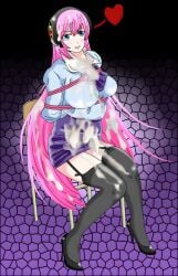 black_high_heels blue_eyes blush bondage breasts chair_bondage cum_on_body cum_on_chest cum_on_hair cum_on_thighs edit garter_belt hands_tied headphones heart megurine_luka pink_hair realistic_cum thighhighs very_long_hair vocaloid