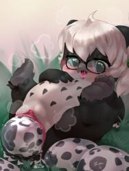 absurd_res anthro avian beak bird blush bodily_fluids egg egg_laying eyewear facial_markings feathers female female_only fukiyo genital_fluids genitals glasses hair head_markings hi_res markings owl pussy simple_background solo solo_female young zanthu