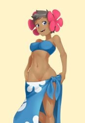 1girls absurdres artist_request bandeau big_breasts bikini blue_bikini blue_eyes bra breasts brown_hair busty dark-skinned_female dark_skin elite_four female floral_print flower hair_flower hair_ornament highres large_breasts looking_at_viewer medium_breasts navel open_mouth phoebe_(pokemon) pokemon pokemon_(game) pokemon_rse pussy sarong sensual short_hair simple_background skirt smile solo swimsuit thighs towel underwear