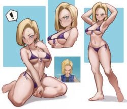 1girls android android_18 armpits bikini blonde_hair blue_eyes breasts dragon_ball dragon_ball_z eye_contact female female_focus female_only lentiyay looking_at_viewer multiple_views short_hair solo standing thick_thighs