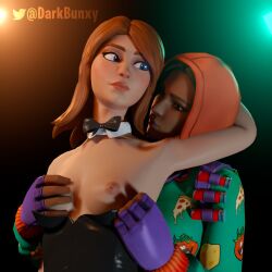 2girls 3d blender breast_grab breasts dark-skinned_female dark_skin darkbunxy exposed_breasts female female_only fortnite light-skinned_female light_skin medium_breasts nipples onesie onesie_(fortnite) pj_pepperoni watermark