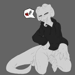 anthro bedroom_eyes bodily_fluids bottomless clothed clothing dripping genital_fluids genitals hi_res hibris hoodie horn kneeling kobold long_tail looking_at_viewer male narrowed_eyes open_mouth penis precum precum_drip scalie seductive slit solo tongue tongue_out topwear