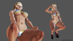 1girls 3d abs armpit_hair armpits bikini bimbo blonde_hair blue_eyes dead_or_alive female female_only ganguro hair_ornament high_heels honey_select ihateasuka large_breasts long_nails makeup mole mole_under_mouth nyotengu one_eye_closed peace_sign platform_heels simple_background solo squatting studio_neo tan tanline thick_thighs tongue_out