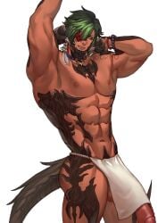 1boy abs armpits au_ra bara clothes_lift commission curled_horns dark-skinned_male dark_skin dragon_boy dragon_horns dragon_tail english_commentary feet_out_of_frame final_fantasy final_fantasy_xiv flaccid green_hair highres horns huge_cock jouvru_(joberu) large_pectorals looking_at_viewer male male_focus male_only multicolored_hair muscular muscular_male navel nipples out-of-frame_censoring pectorals pelvic_curtain pelvic_curtain_lift penis pointy_ears short_hair solo solo_male stomach tail thick_thighs thighs topless_male two-tone_hair