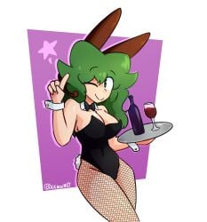 alternate_version_available bunnysuit easter fishnets green_eyes green_hair lenoxmst medley_(lenoxmst) oc original_character star wine wine_bottle wine_glass wink winking_at_viewer