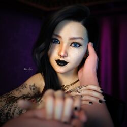 1girls 3d asian asymmetrical_hair being_a_dik black_hair black_lipstick black_nails blue_eyes hand_holding hand_on_another's_face hand_on_cheek makeup necklace offscreen_character piercing pov pov_eye_contact riona_(being_a_dik) septum_piercing tattoo yunogasai