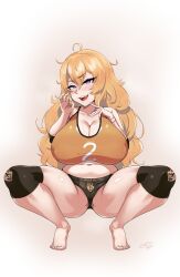 1girls b1ackgoldsaw big_breasts blush borrowed_design breasts eye_contact feet female female_focus female_only huge_breasts long_hair looking_at_viewer nipple_bulge oral_invitation pink_eyes rwby solo squatting sweat sweatdrop thick_thighs thighs yang_xiao_long