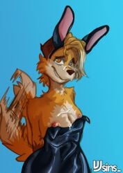 anthro bodily_fluids breasts bunny_costume canid canine clothing costume cum cum_on_breasts cum_on_face fake_ears fake_rabbit_ears female fox genital_fluids hi_res latex mammal nipples protaytoe_(protaytoe) rubber rubber_clothing rubber_suit solo tail_motion tailwag vjsins