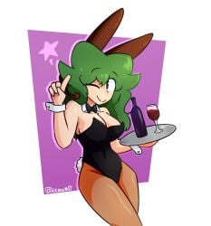 alternate_version_available bunnysuit easter green_eyes green_hair lenoxmst medley_(lenoxmst) oc original_character wine wine_bottle wine_glass wink winking_at_viewer