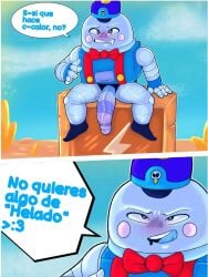 1boy big_penis brawl_stars cap comic exhibitionist exposed_penis horny horny_male jacksito_(artist) lou_(brawl_stars) piper_(brawl_stars) ribbon robot robot_boy robot_penis sitting spread_legs talking talking_to_another tongue_out veins_on_dick veiny_penis veiny_testicles visible_penis