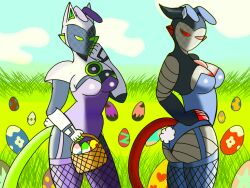 basket breasts bunny_ears bunny_tail bunnysuit cat_ears cleavage duo easter easter_egg egg esmeralda_(skur) female female_only garter_straps grass green_eyes long_tail oc original_character outside red_eyes robot robot_girl ruby_(skur) screen_face sisters skurth66 tail thighhighs