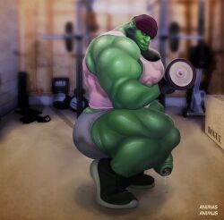 animasanimus ass balls bara big_balls big_penis gay male male_only muscles muscular orc penis solo solo_male squatting sweaty