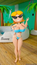 3d big_breasts blonde_hair blue_bikini breasts cleavage come_hither disney female josilver knick_knack pixar solo sunglasses sunny_miami tagme