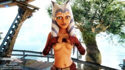 1girls 3d ahsoka_tano airress3d_(3d-modeller) alien alien_girl athletic_female background blue_eyes brown_nipples clone_wars female female_only flashing holding_breast kashyyyk lekku lifted_top looking_at_partner looking_at_viewer medium_breasts orange_body orange_skin patreon petite_body smiling smiling_at_viewer solo star_wars text the_clone_wars:_season_seven thearti3d togruta twitter_username