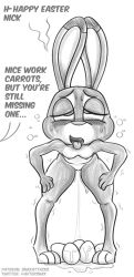 anthro bent_over blush bodily_fluids clitoris disney easter_egg egg egg_laying female female_only flat_chest genital_fluids genitals hi_res judy_hopps lagomorph leporid looking_pleasured mammal monochrome nipples pussy pussy_juice rabbit snaxattacks solo solo_female zootopia