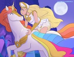 1boy 1girls abdl adora alicorn armor blonde_female blonde_hair blue_eyes blush bonnet bracer bright_moon diaper dress embarrassed equine female female_focus horse horse_riding lace light-skinned_female light_skin long_hair looking_back messy_diaper moon pegasus platinum_blonde_hair scat shadowpelt she-ra she-ra_and_the_princesses_of_power skirt soiling soiling_diaper swift_wind tiara unicorn url very_long_hair white_diaper white_dress white_skirt