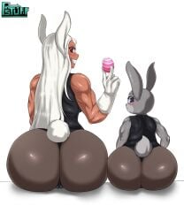 2girls ass big_ass big_butt blue_eyes blush bubble_butt bunny_ears bunny_girl bunny_tail bunnysuit butt clothing crossover dark-skinned_female dark_skin dat_ass easter easter_egg eastern_and_western_character egg female female_only fully_clothed gloves grey_fur huge_ass judy_hopps large_ass leotard miruko my_hero_academia psychostuff rabbit red_eyes rumi_usagiyama shortstack stockings tagme white_background zootopia