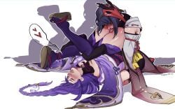 2girls black_hair blush braid closed_eyes clothed clothing cunnilingus erosyiren genshin_impact kujou_sara legs_up light-skinned_female light_skin mole mole_under_eye multiple_girls purple_hair pussy raiden_shogun thick_thighs thighhighs white_background yuri