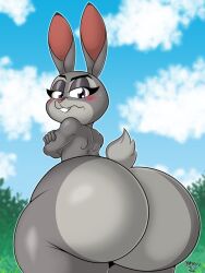 2022 anthro arms_crossed ass big_butt blush bottom_heavy buckteeth cloud covering_breasts day disney fat_ass female fingers gigantic_ass hi_res huge_butt judy_hopps lagomorph leporid looking_at_viewer looking_back looking_back_at_viewer mammal mrxrickyx nude outside purple_eyes rabbit round_ass scut_tail short_tail solo tail zootopia