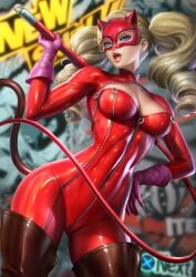 ann_takamaki atlus blonde_hair blue_eyes bodysuit cleavage drill_hair gloves hairclip looking_at_viewer mask neoartcore nudtawut_thongmai open_mouth persona persona_5 thick_thighs thigh_boots thigh_highs twintails whip zipper zipper_pull_tab