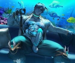 1boy abs animal_collar aquarium bara bare_pectorals black_sclera blue_eyes blue_hair collar colored_sclera commission cyborg dominant dominant_male domination erection feet_out_of_frame fish highres holding holding_collar jouvru_(joberu) large_pectorals large_penis looking_at_viewer looking_down looking_down_at_viewer low-angle_view male male_focus male_only muscular muscular_male nipples no_male_underwear offering_collar open_clothes open_pants open_shirt original original_character pants pectorals penis proud_of_his_cock reclining short_hair sitting smile smiling smiling_at_viewer smirk smirking smirking_at_viewer solo solo_male spiked_penis spread_legs stomach testicles thick_thighs thighs uncensored