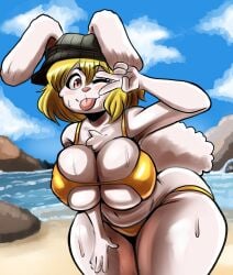 1girls anthro big_breasts bikini blonde_hair breasts bunny_ears bunny_tail carrot_(one_piece) clothing female female_only fur furry furry_only huge_breasts nathanatwar one_piece rabbit short_hair solo tail thick_thighs tongue tongue_out whateverdoes white_body wide_hips wink