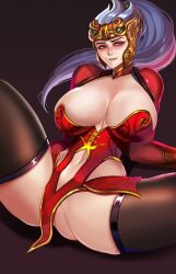 background badcompzero big_breasts blush clothed clothed_female covered_breasts female_focus female_only firecracker_xin_zhao grey_eyes helmet league_of_legends league_of_legends:_wild_rift lunar_new_year lunar_revel_series navel pale-skinned_female pale_skin rule_63 smiling thick_thighs thighhighs white_hair xin_zhao