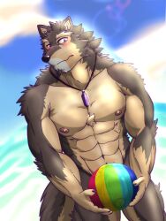 abs anthro ball balls beach beach_ball biceps blush brown_body brown_fur canid canine canis crystal domestic_dog embarrassed eyebrows flaccid foreskin fur genitals hi_res inflatable jewelry lifewonders live-a-hero male male_only mammal muscular muscular_anthro necklace nipples nude pecs penis public public_nudity pubraseer purple_eyes seaside solo thick_eyebrows translucent video_games yom_mido_plus