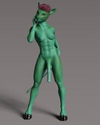 3d_(artwork) 5_fingers abs animal_genitalia animal_penis anthro areola athletic athletic_gynomorph athletic_intersex balls blue_areola blue_nipples bovid colored_nails contrapposto digital_media_(artwork) earthclan3d equine_penis fingers flaccid genitals green_balls green_body green_breasts green_nose green_penis green_skin green_tail grey_background gynomorph hair hand_on_face hand_on_hip hi_res hooves intersex mammal medial_ring muscular_thighs nails nipples penis pink_eyes pinup pose red_hair shadow simple_background smile solo spade_tail standing tan_(earthclan) white_nails wide_stance