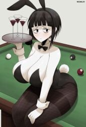 1girls big_breasts black_eyes black_hair blossom_hope blush bow breasts bunny_ears bunny_girl bunnysuit female fishnets looking_at_viewer pantyhose pool_table short_hair sitting thick_thighs thighband_pantyhose tomi_washua tray watermark white_skin wine_glass woomler