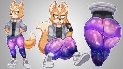 2021 absurd_res acstlu anthro ass big_butt blush bottomwear bulge canid canine clothing footwear fox fox_mccloud galaxy green_eyes hi_res jacket leggings legwear male male_only mammal nintendo shoes sneakers solo star_fox starry_sky_print thick_thighs tight_clothing tights topwear video_games