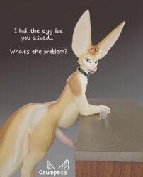 3d 3d_(artwork) absurd_res anthro belly big_belly bodily_fluids canid canine crumpets_(sabotfennec) cum cum_in_a_cup dialogue digital_media_(artwork) easter egg egg_bulge egg_hunt egg_insertion english_text fennec foreskin fox genital_fluids genitals hi_res holidays male male_only mammal penis solo solo_male stomach_bulge text