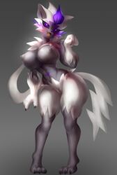 absurd_res anthro beckoning big_breasts black_nipples blush breasts female fur furry furry_only genitals gesture grey_background grey_body grey_fur hi_res legendary_pokémon nintendo nipples one_hand_up pokémon_(species) pokemon purple_eyes pussy shiny_pokémon simple_background solo thick_thighs tuft video_games white_body white_fur zeraora