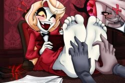 2girls blonde_hair charlie_morningstar_(hazbin_hotel) dazidentevil demon demon_girl fangs feet femdom femsub foot_fetish foot_focus hazbin_hotel laugh laughing public smile smiling tickling tuxedo vaggie_(hazbin_hotel) vivienne_medrano white_skin