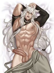 1boy :q abs bara bare_pectorals bishonen bulge come_hither commission erection from_above full_body hakama hakama_pants highres japanese_clothes jouvru kogitsunemaru large_pectorals long_hair male male_focus male_pubic_hair muscular muscular_male navel nipples no_male_underwear pants pectorals pubic_hair seductive_smile shrug_(clothing) smile socks stomach thick_thighs thighs tongue tongue_out touken_ranbu uncensored white_hair