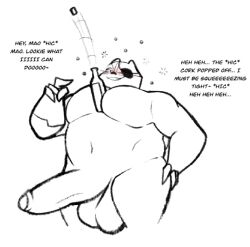 alcohol anthro badger badgerclops balls belly beverage big_penis blush bottle capartist cartoon_network claws english_text erection eye_patch eyewear flirting foreskin genitals hi_res huge_cock hyper hyper_genitalia hyper_penis male mammal mao_mao:_heroes_of_pure_heart musclegut mustelid musteline pecs penis text