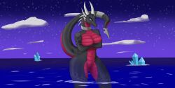 absurd_res activision animal_humanoid anthro big_breasts blue_eyes breasts choker cleavage clothed clothing cynder digital_drawing_(artwork) digital_media_(artwork) dragon dragon_humanoid female female_focus genitals hi_res horn humanoid jewelry markings necklace night open_mouth purple_background pussy scalie sea shaded simple_background small_waist solo spyro_the_dragon star tail_markings teeth video_games water