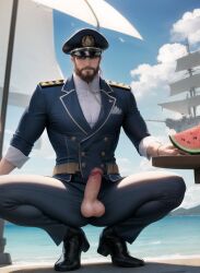 ai_generated beard black_hair chad clothing dota_2 kunkka_(dota) male moustache muscle penis watermelon