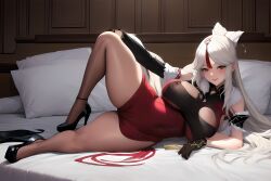 ai_generated beautiful_background bedroom big_breasts cute cute_face genshin_impact high_heels lying lying_on_bed ningguang_(genshin_impact) nipples pantyhose posing pretty_lady red_lipstick sexy_dress white_hair