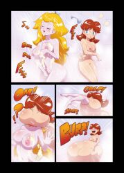 2girls burp burping comic large_belly large_breasts mario_(series) medium_breasts multiple_girls princess_daisy princess_peach same_size_vore shower soft_vore varu vore