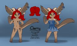 breasts brown_body brown_fur cherry_(dreadwolf) clothing dress ear_piercing ear_ring ear_tag female feretta fur genitals green_eyes hair heterochromia hi_res horn imp jewelry medium_breasts model_sheet nipples nude piercing pussy red_hair short_stack shortstack simple_background tan_body tan_fur