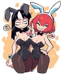 2girls black_fingernails black_hair bunny_ears bunnysuit carla_carmilla_(crap-man) crap-man easter female female_only fishnet_pantyhose hand_on_hip heart long_hair looking_away mob_face neck_ribbon noss_the_nosferatu_(crap-man) pantyhose red_hair sharp_fingernails smiling smiling_at_viewer thin_waist v_sign vampire very_high_resolution wavy_mouth white_highlights