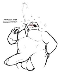 alcohol anthro badger badgerclops balls belly beverage big_penis blush bottle capartist cartoon_network claws english_text erection eye_patch eyewear flirting foreskin genitals hi_res huge_cock hyper hyper_genitalia hyper_penis male mammal mao_mao:_heroes_of_pure_heart musclegut mustelid musteline pecs penis text