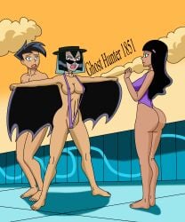 1boy 2girls androgynous angry black_hair bob_cut cape commentary danny_fenton danny_phantom dark_skin female ghosthunter1851(artist) hat male nickelodeon nicktoons paulina_sanchez sam_manson scared scared_expression sling_bikini slingshot_swimsuit