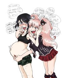 2girls belly_expansion bloated bloated_belly bloated_stomach bloated_tummy danganronpa fat fat_shaming junko_enoshima masochistic_female mukuro_ikusaba multiple_girls stuffed_belly verbal_abuse yuri