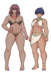 2girls blue_hair egyptian elf elf_ears fangs gold_anklet gold_bracelet gold_jewelry muscular_female noe_aoikaba original original_character red_toenails shy tagme