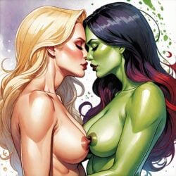 2girls ai_generated bare_arms bare_breasts bare_shoulders blonde_hair breasts closed_eyes emma_frost female female/female female_only gamora green_skin guardians_of_the_galaxy kissing kissing lesbian_kiss marvel marvel_comics naked naked_female nipples nude nude_female passionate red_hair red_lipstick white_queen x-men yuri